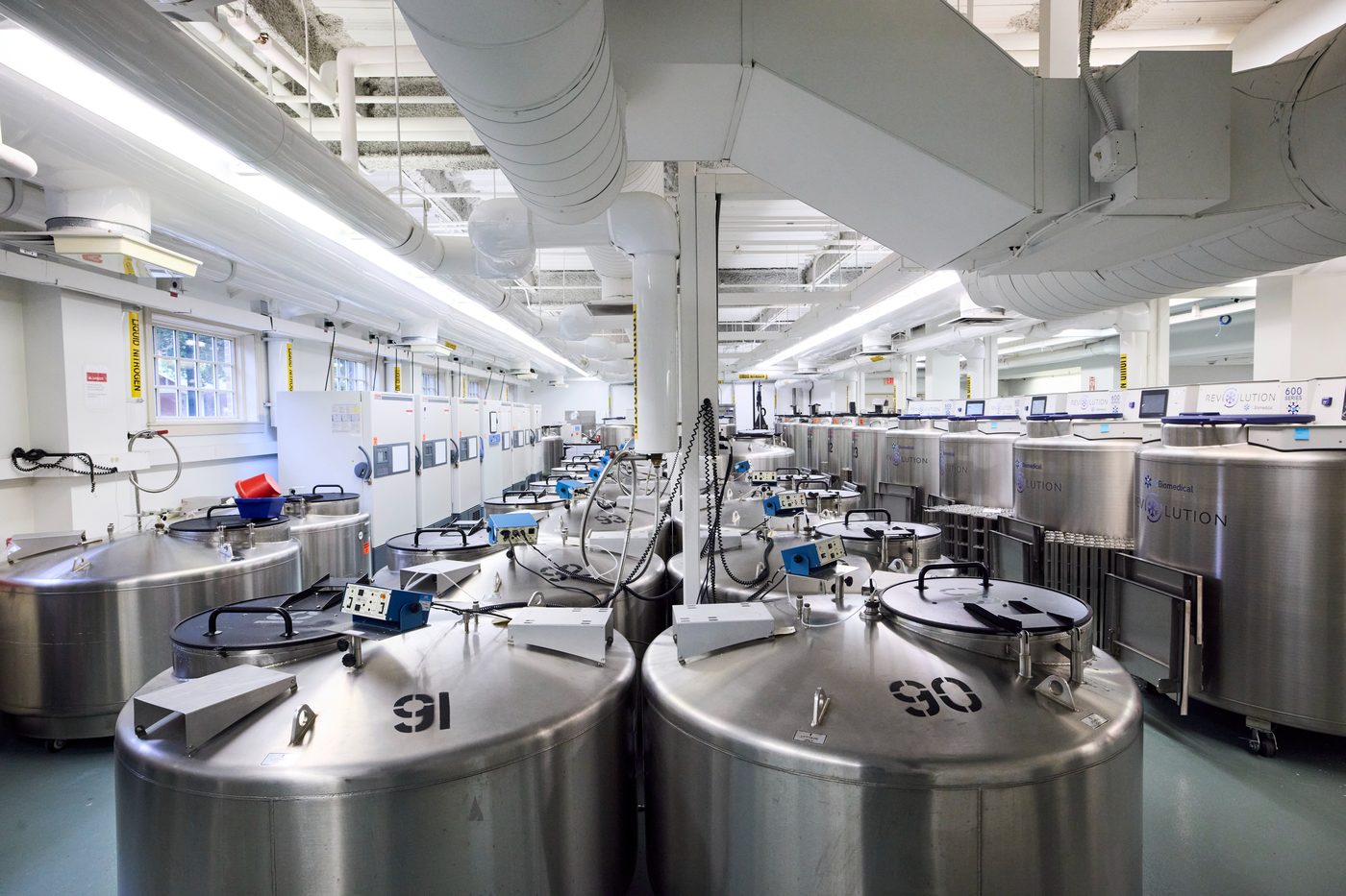 Rows of cryogenic storage tanks inside the Coriell Institute biorepository