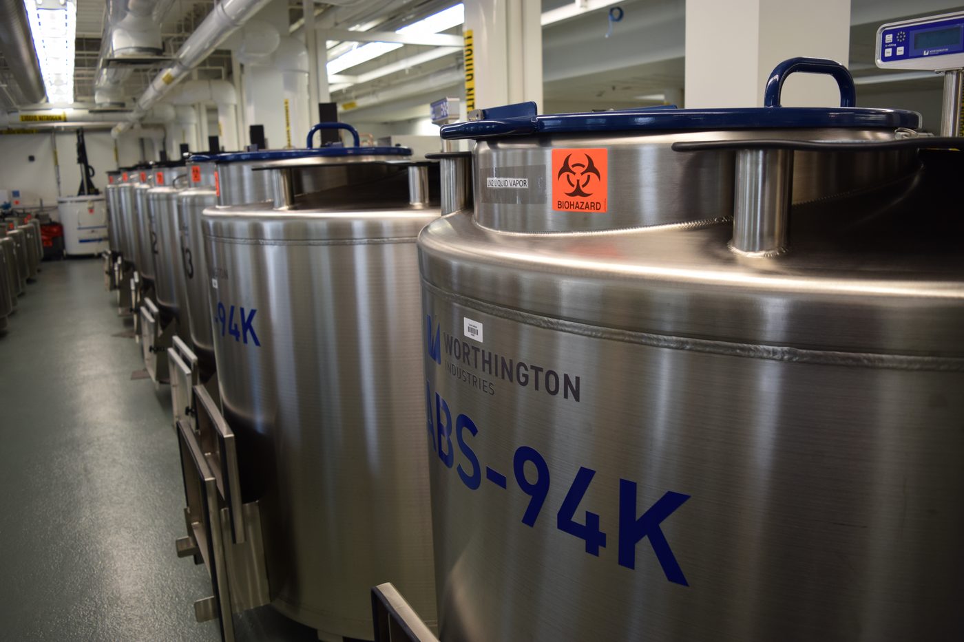Cryogenic biospecimen storage tanks at the Coriell Institute facility